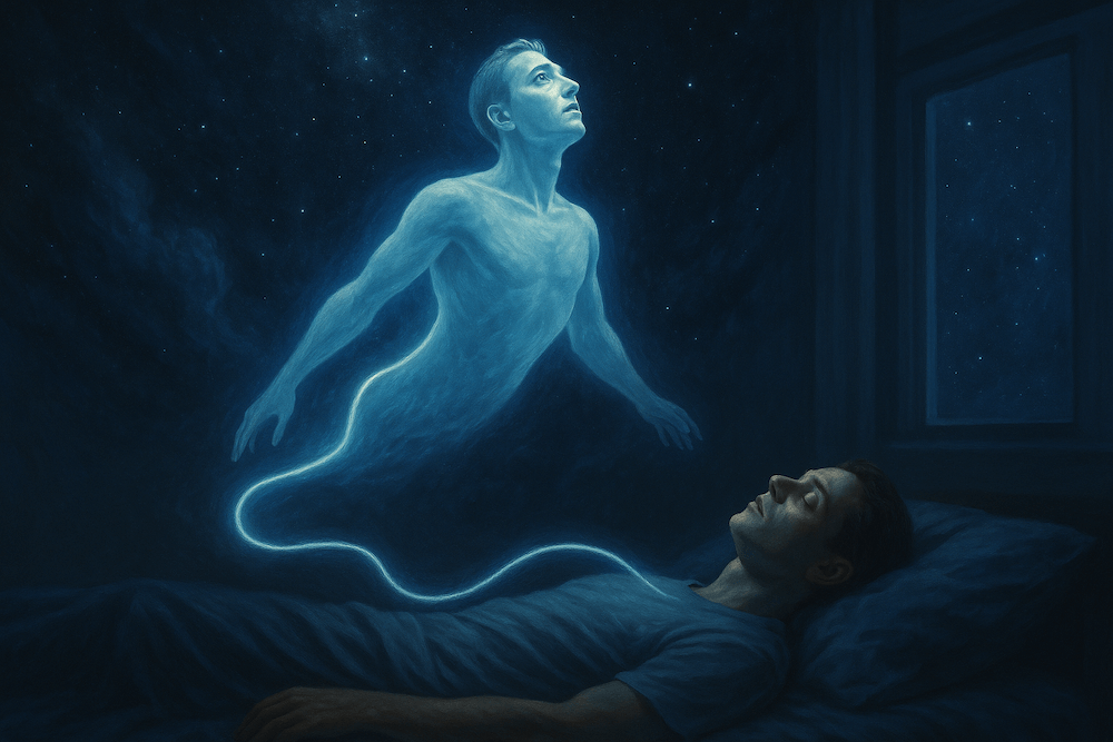 Astral projection illustration showing consciousness leaving the body