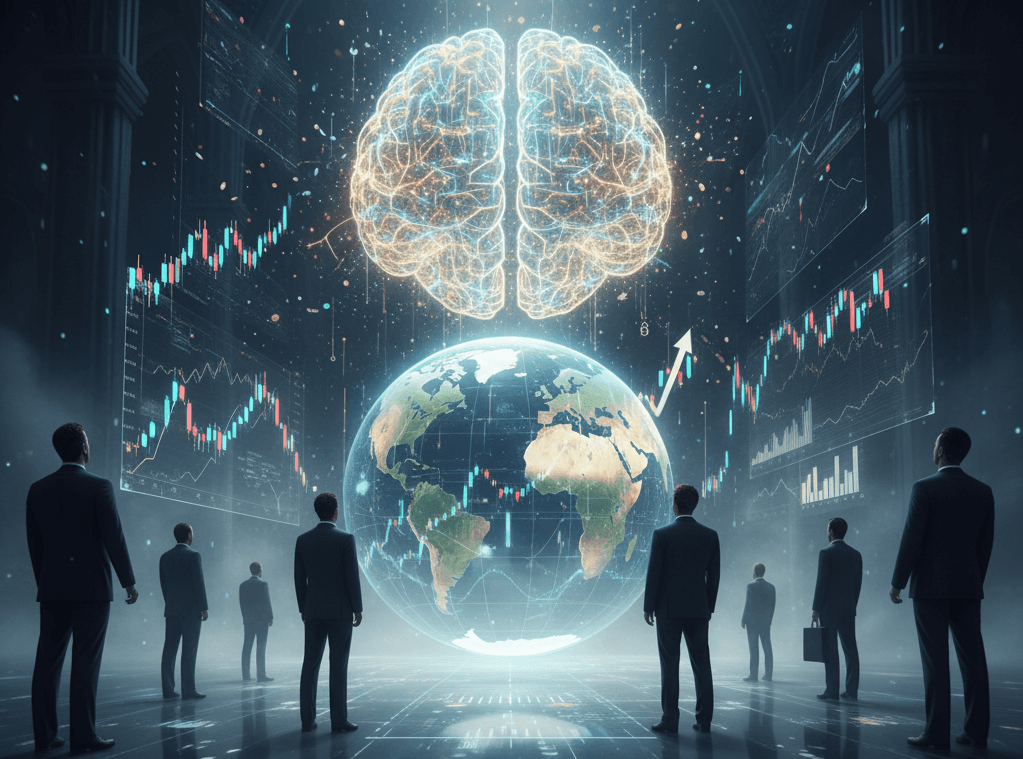 AI-powered financial control visualization with brain networks and global markets