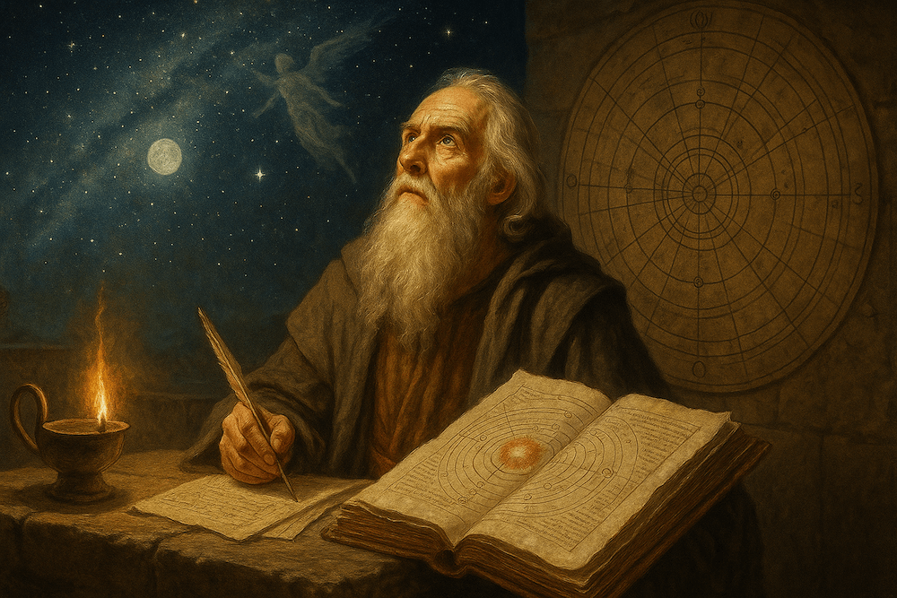 Ancient scholar writing by candlelight with astronomical charts