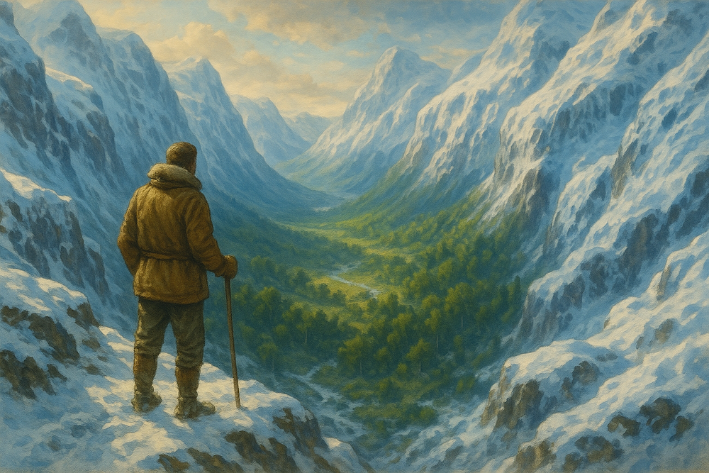 Explorer looking into a hidden valley entrance