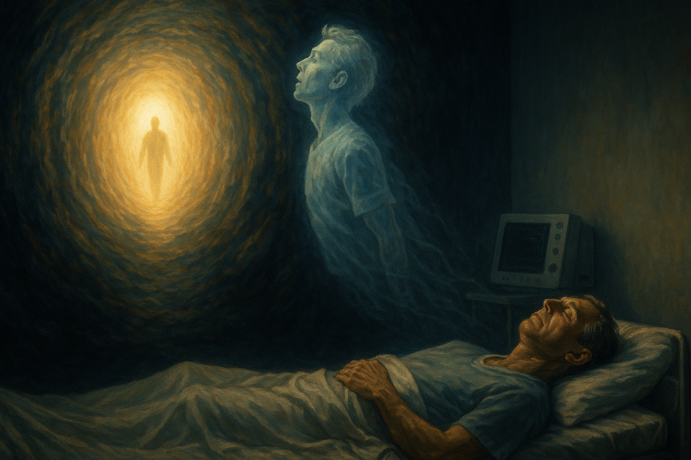 Near-death experience visualization showing tunnel of light and out-of-body experience