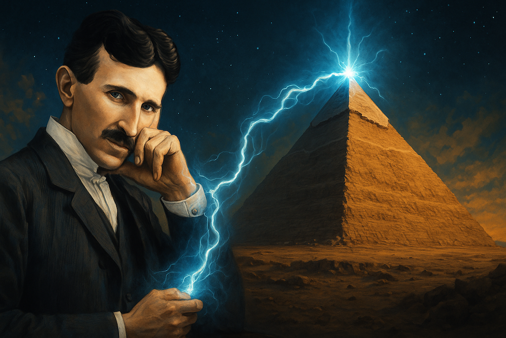 Tesla with electrical devices and pyramid