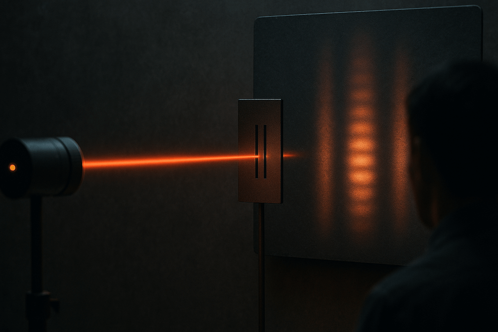 Double slit experiment setup showing laser, slits, and interference pattern