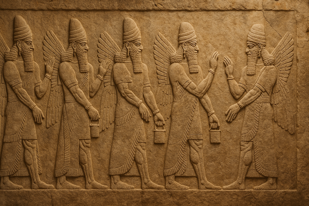 Ancient Assyrian stone relief showing winged figures