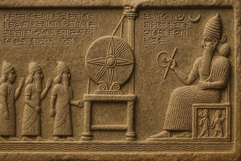 Cuneiform tablet showing religious scene with sun disk and worshippers