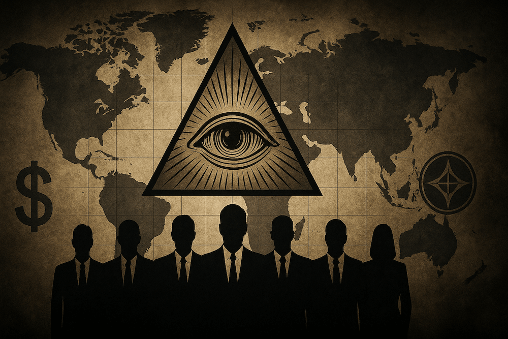Global conspiracy visualization showing world map with symbols and silhouettes