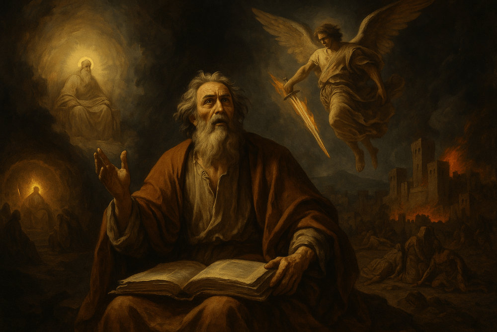 Enoch receiving divine vision with angel and burning city