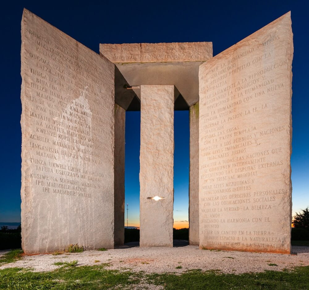 Close-up of Georgia Guidestones inscriptions showing multiple languages