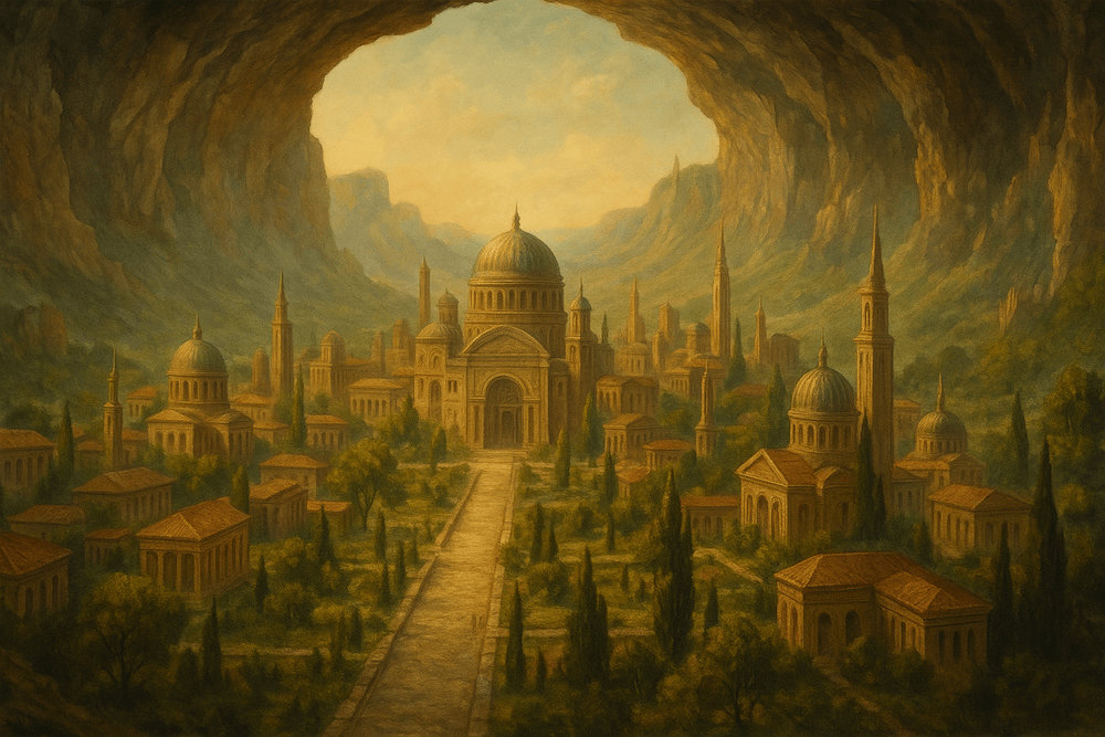 Ciudad subterránea de Agartha con arquitectura dorada