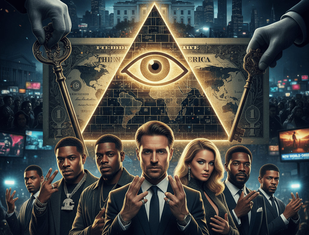 Modern Illuminati conspiracy theories with celebrities, symbols, and all-seeing eye