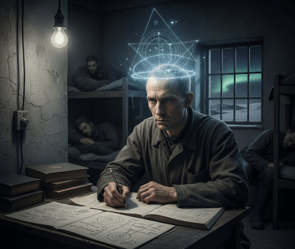 Kozyrev in prison with temporal theory symbols