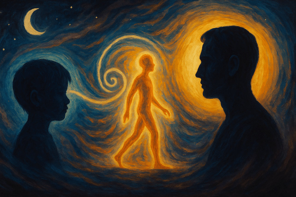 Children and adults in cosmic connection representing past life memories