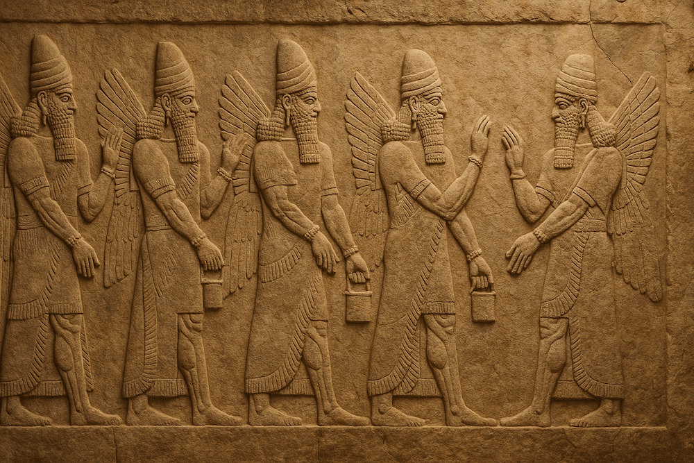 Ancient Assyrian stone relief showing winged figures