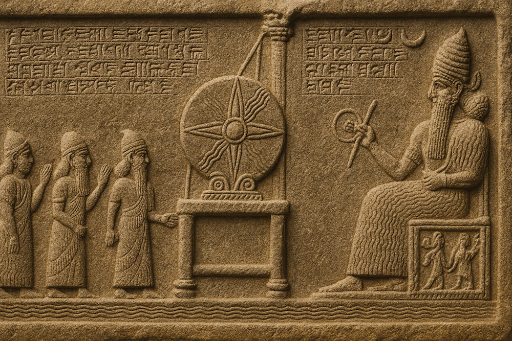 Cuneiform tablet showing religious scene with sun disk and worshippers