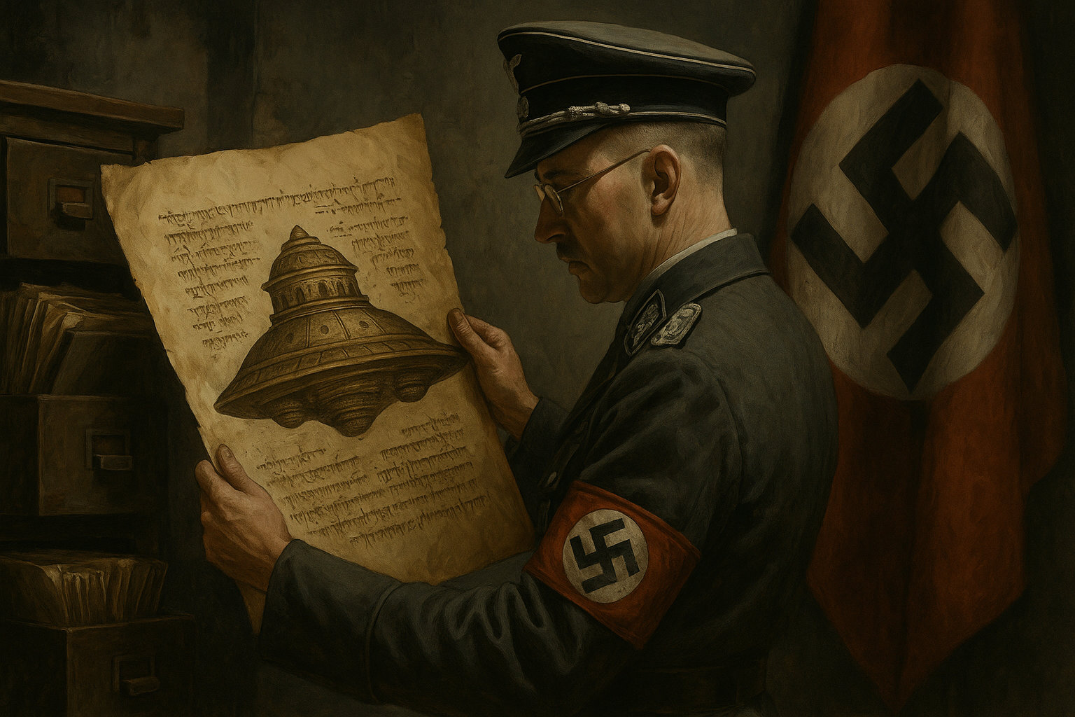 Nazi officer studying ancient Sanskrit manuscripts about Vimanas