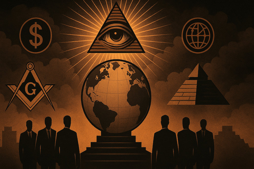 New World Order conspiracy visualization with global symbols and shadowy figures